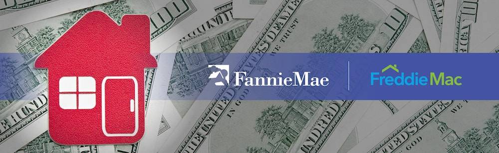 Fannie Mae and Freddie Mac logos superimposed over images of $100 bills